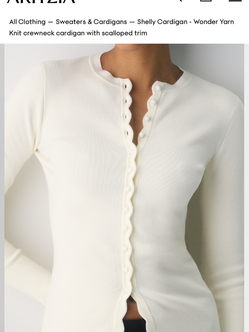 Aritzia Cream Scalloped-Trim Crewneck Cardigan